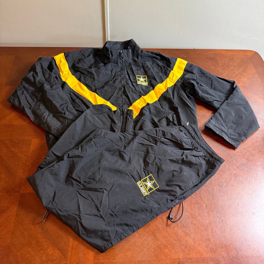 US Army APFU Physical Fitness Uniform Jacket Pants Set Black Yellow Large Reg
